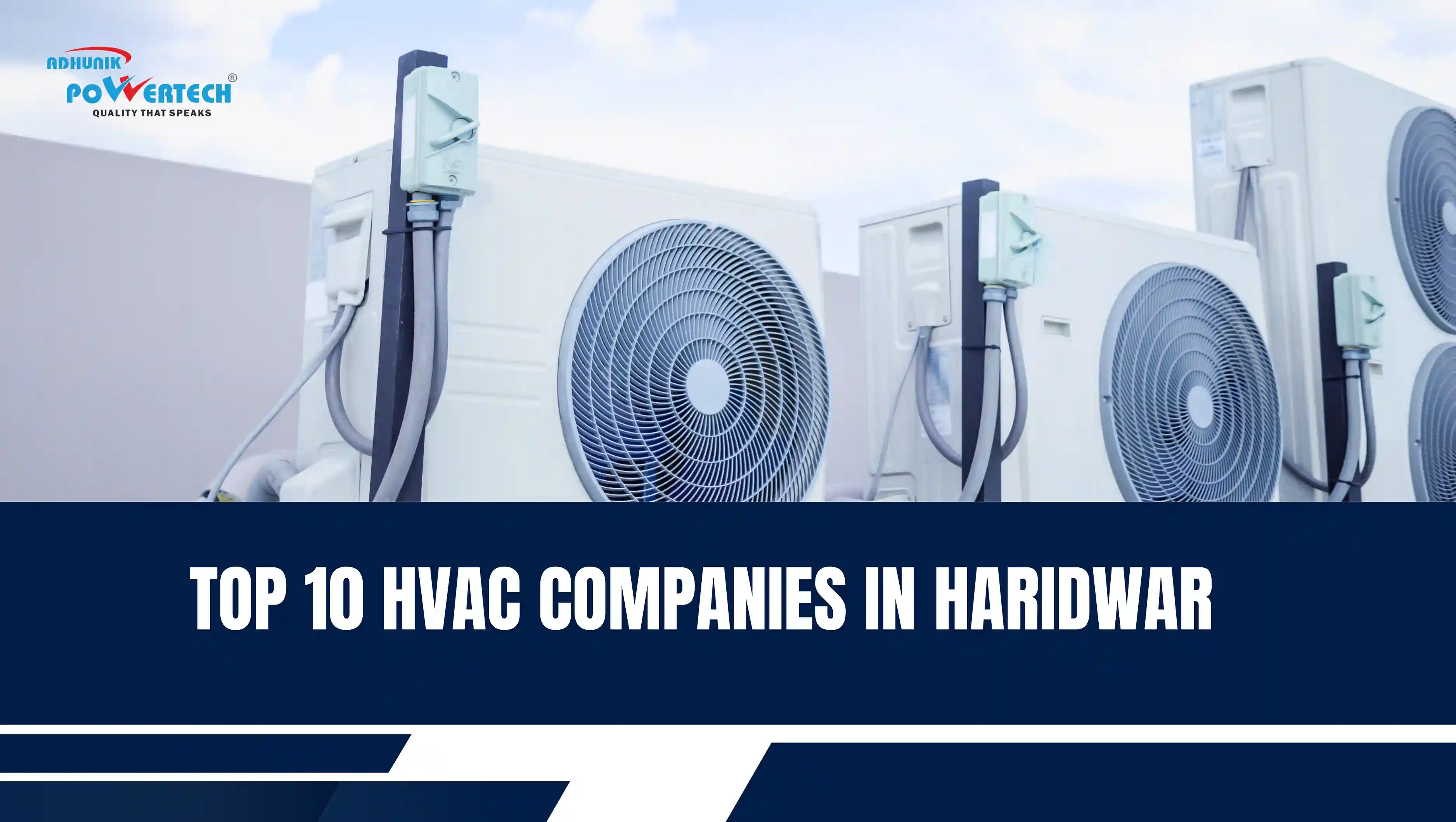Commercial air conditioning units and industrial HVAC systems with written text 'Top 10 HVAC Companies in Haridwar