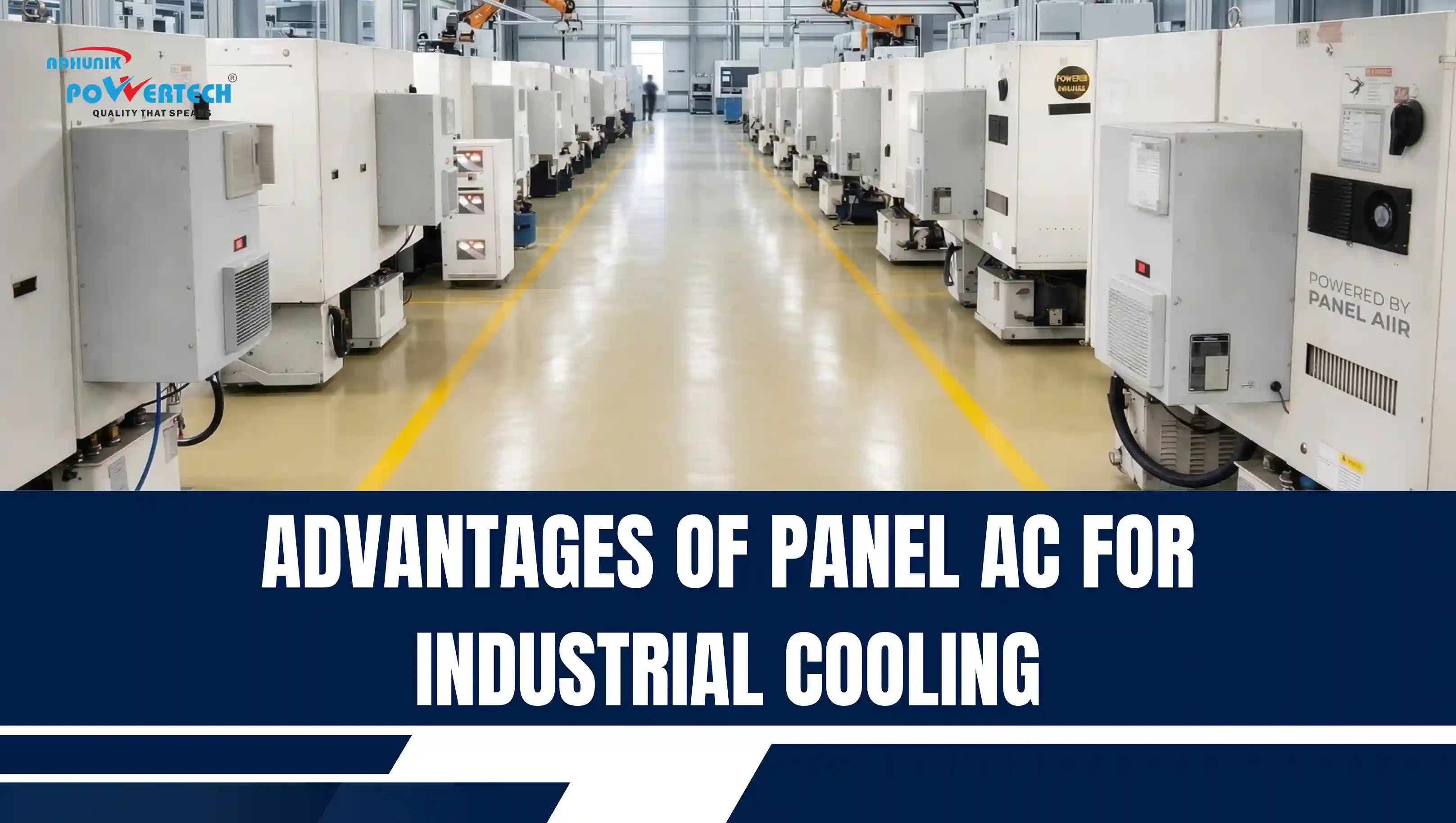 A row of industrial control panels equipped with panel air conditioners in a clean, modern manufacturing facility, featuring the Adhunik Powertech logo