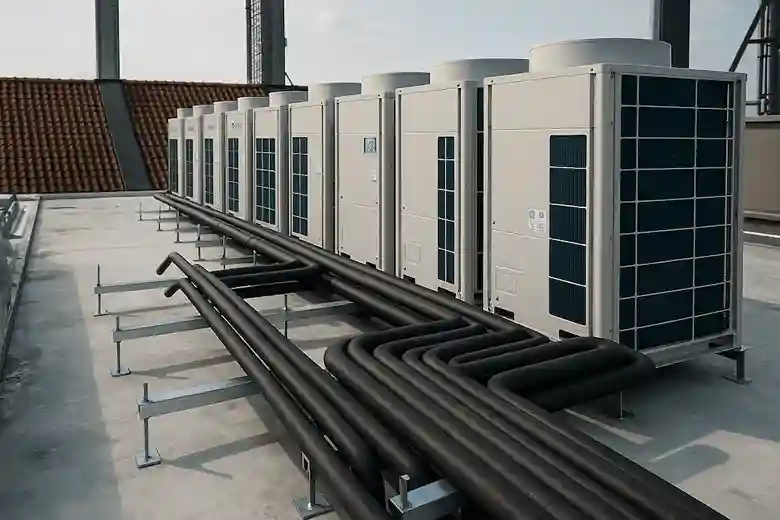 Commercial VRF air conditioning system installed on a rooftop HVAC setup.