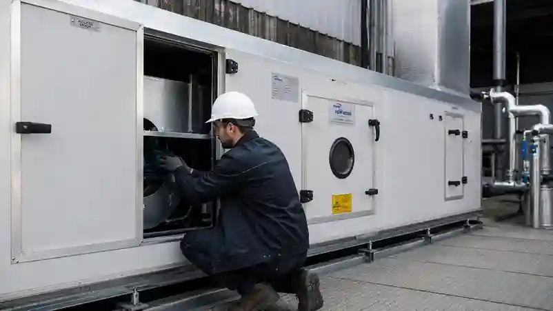 Technician servicing a large industrial HVAC air handling unit inside a commercial facility.