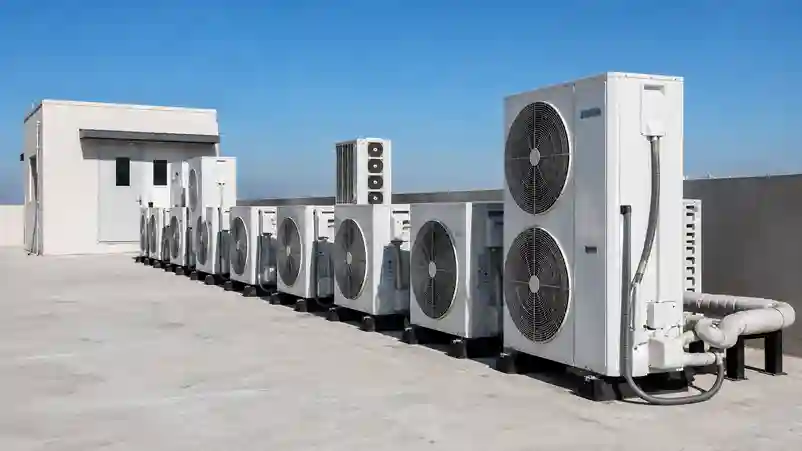 Multiple outdoor HVAC conditioning units installed on a rooftop for commercial air conditioning and ventilation systems.