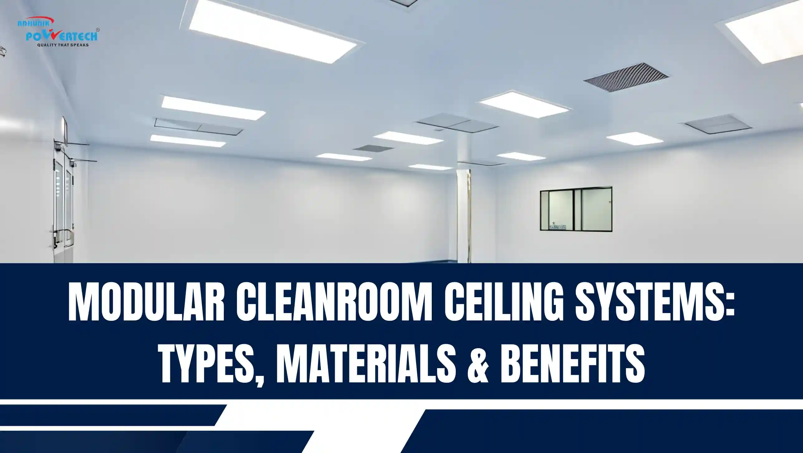 Modular cleanroom ceiling system with integrated LED lighting, HEPA filters, and ventilation for pharmaceutical cleanrooms.