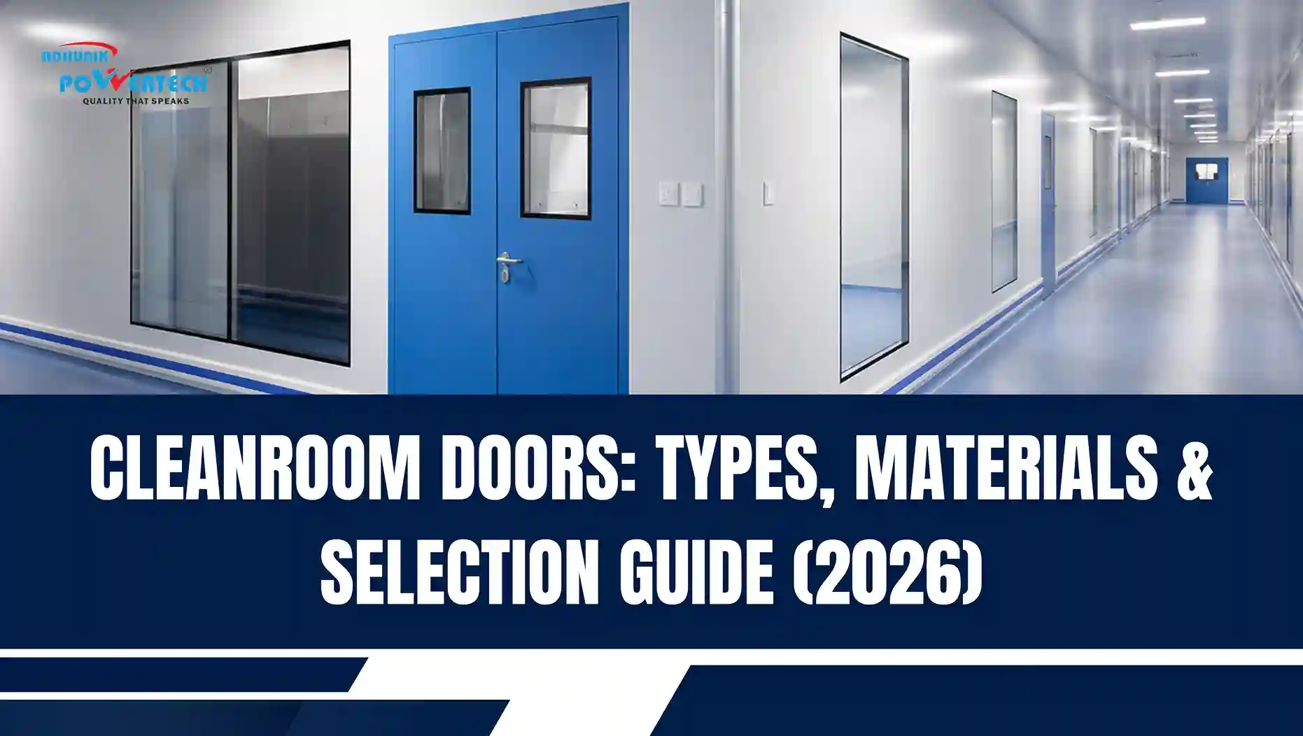 Blue double-leaf cleanroom doors with vision panels in an ISO 14644-compliant cleanroom corridor.