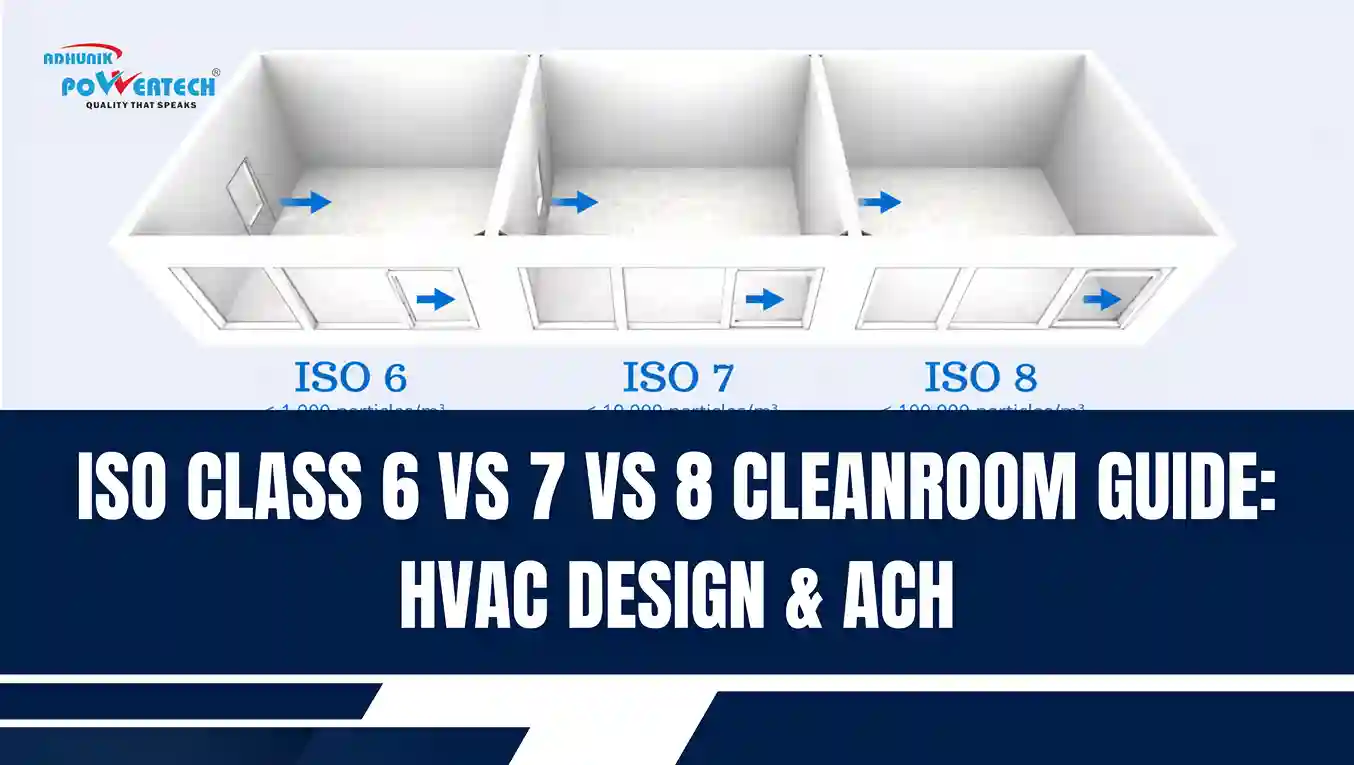 ISO Class 6 vs ISO Class 7 vs ISO Class 8 cleanroom comparison showing HVAC design, airflow, and Air Changes per Hour (ACH) requirements under ISO 14644-1.
