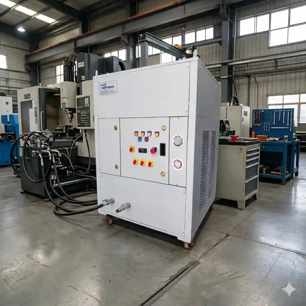 Industrial oil chiller unit in a factory, used for machine cooling and temperature control in manufacturing processes