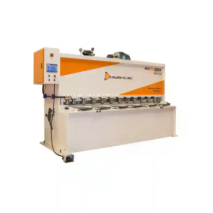 Hydraulic sheet metal shearing machine used in R&D departments for precision cutting, industrial fabrication equipment with CNC control panel.