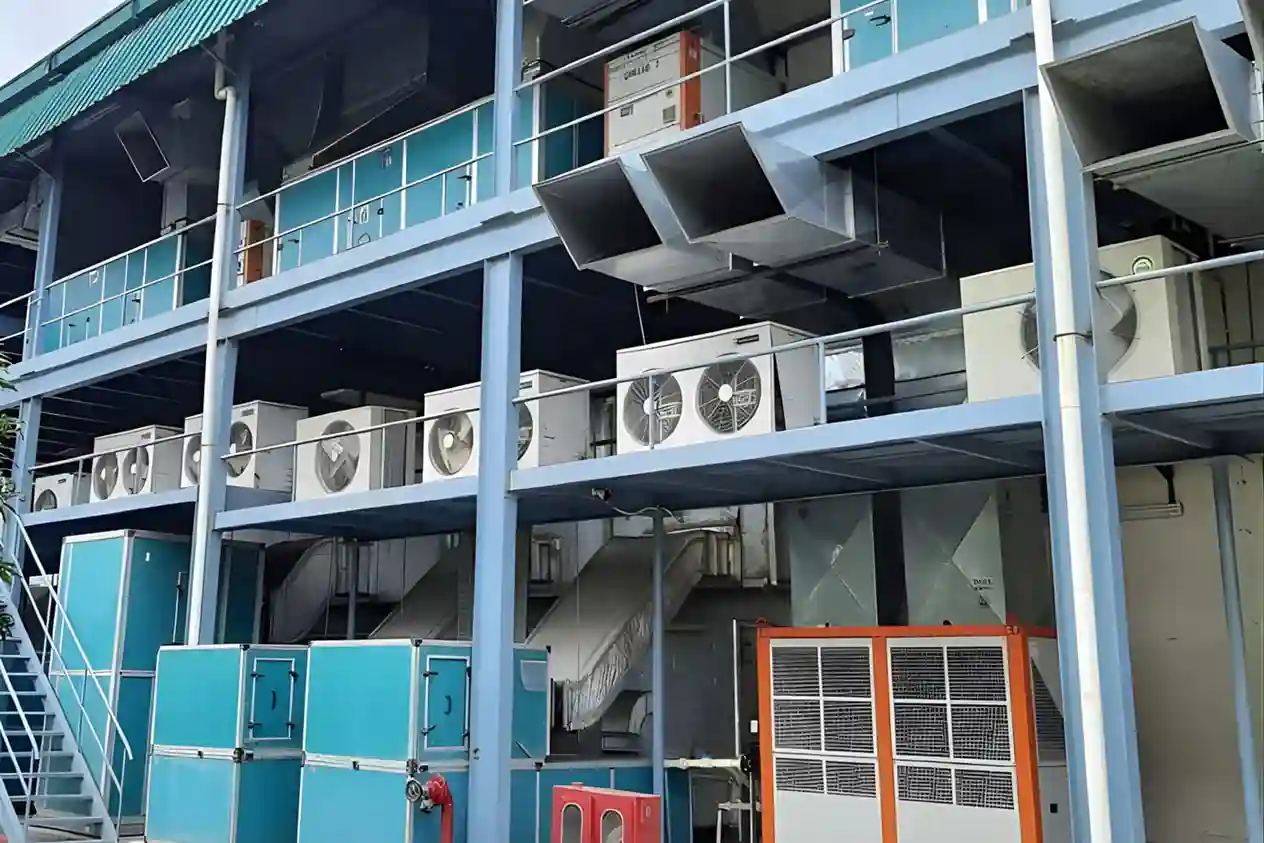 Multi-level industrial HVAC system with ducting, AHU units, and outdoor AC units for commercial ventilation and cooling.