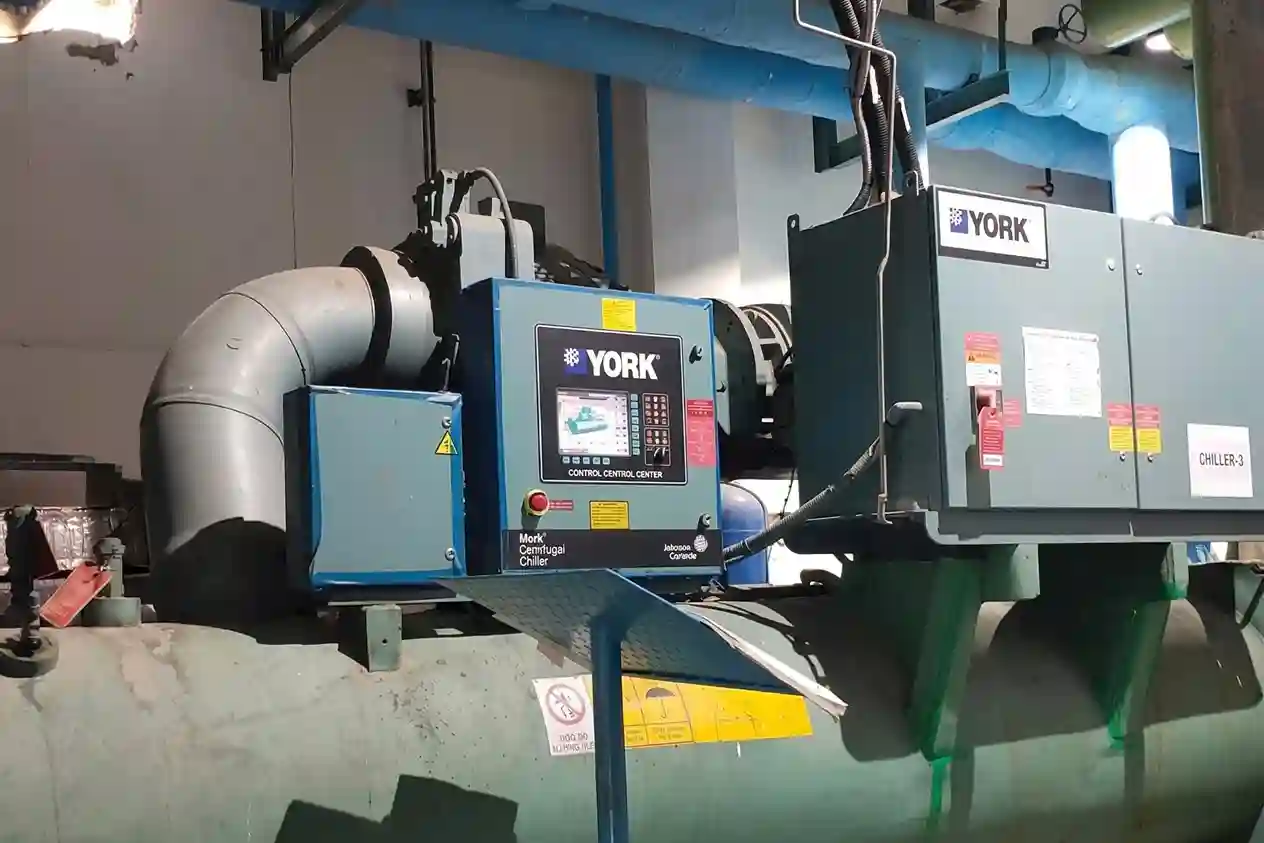 Industrial York centrifugal chiller system for large-scale commercial HVAC cooling and energy-efficient temperature control.
