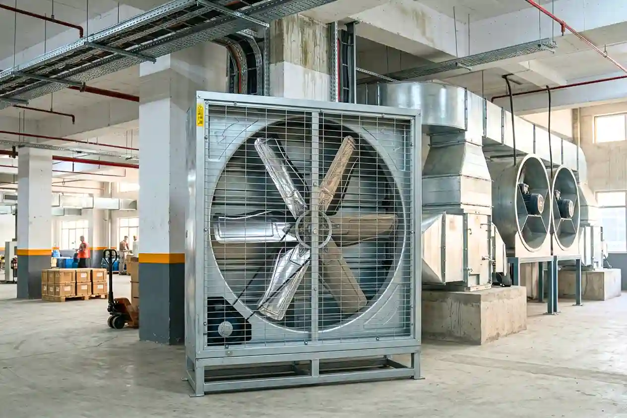 Heavy-duty axial fan installation for warehouse and basement air circulation.
